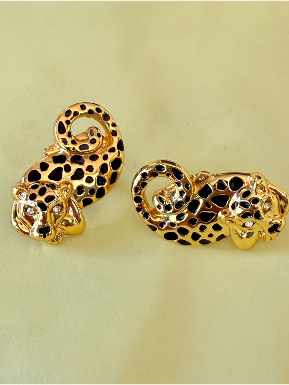 Gold-Tone Black Enamel Leopard Earrings